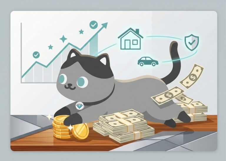 好運喵喵多多在錢幣當中奔跑